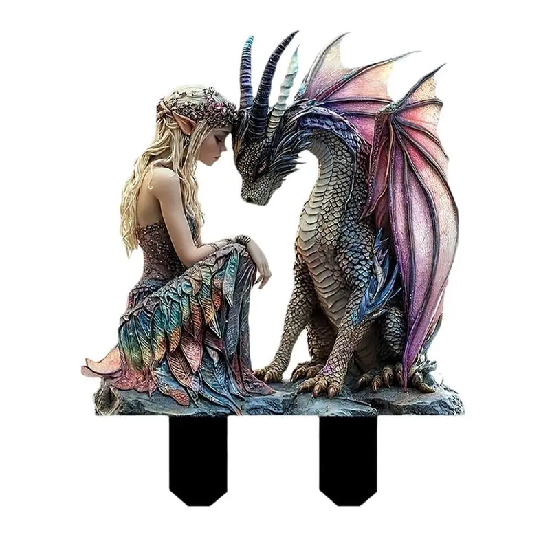 Girl And Dragon Garden Stakes 2d Acrylic Fairy Planter Flower Pots Garden Decoration Garden Sign Fairy Dragon Decor Acrylic