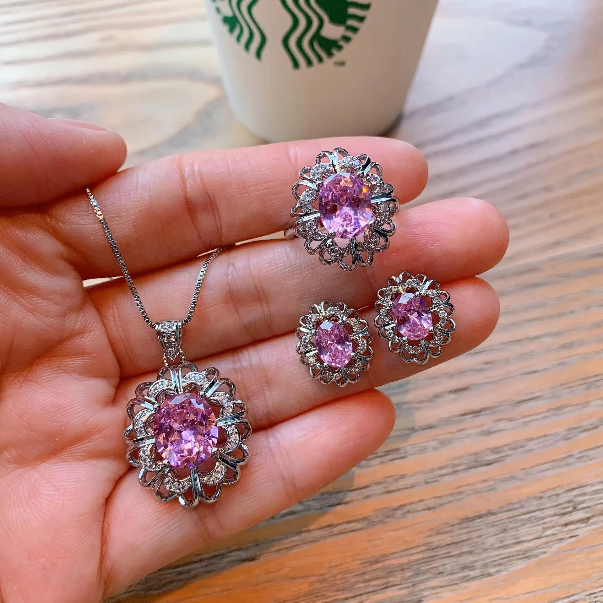 Charms Emerald Crystal Stone Necklace Adjustable Ring Earring Flower Fine Jewelry Vintage Women Prom Party Dresses Accessories