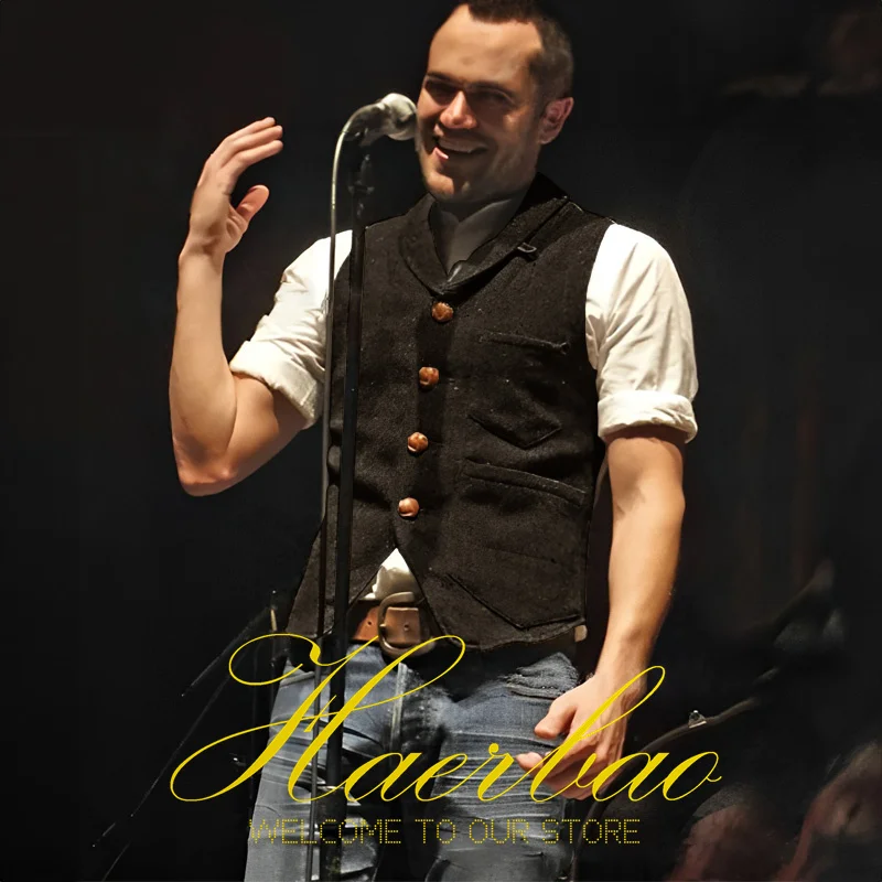 Khaki Men's Vest Herringbone Vintage Sleeveless Jacket Steampunk Single Breasted Waistcoat Slim Fit Groom Vests