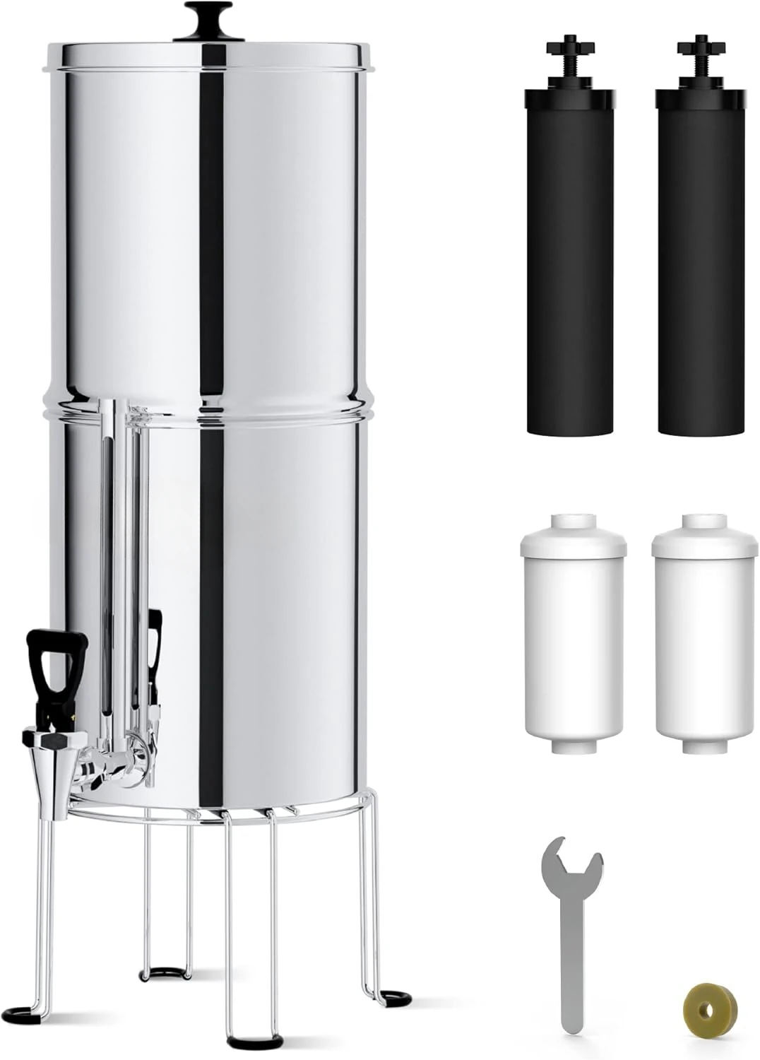 Gravity-fed Water Filter System, NSF/ANSI 42&372 Standard, 2.25G Stainless-Steel System with 4 Filters