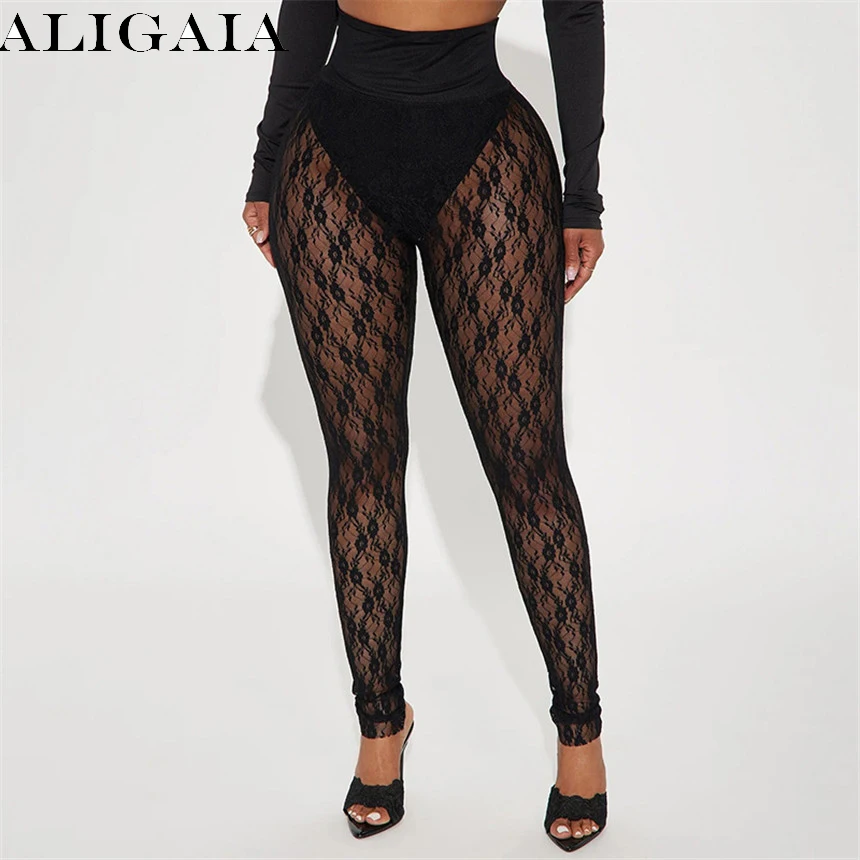 Fashion Spring New Lace Patchwork Bodycon Pants Women Solid Color Hollow-out See Through Pants Female Streetwear Bottoms 2026