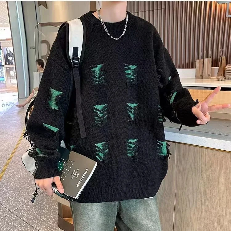 INS Hot y2k Streetwear Autumn Winter Retro Hole Sweater for Men And Women Casual Loose Pullover Hiphop Boy Long Sleeve Sweater