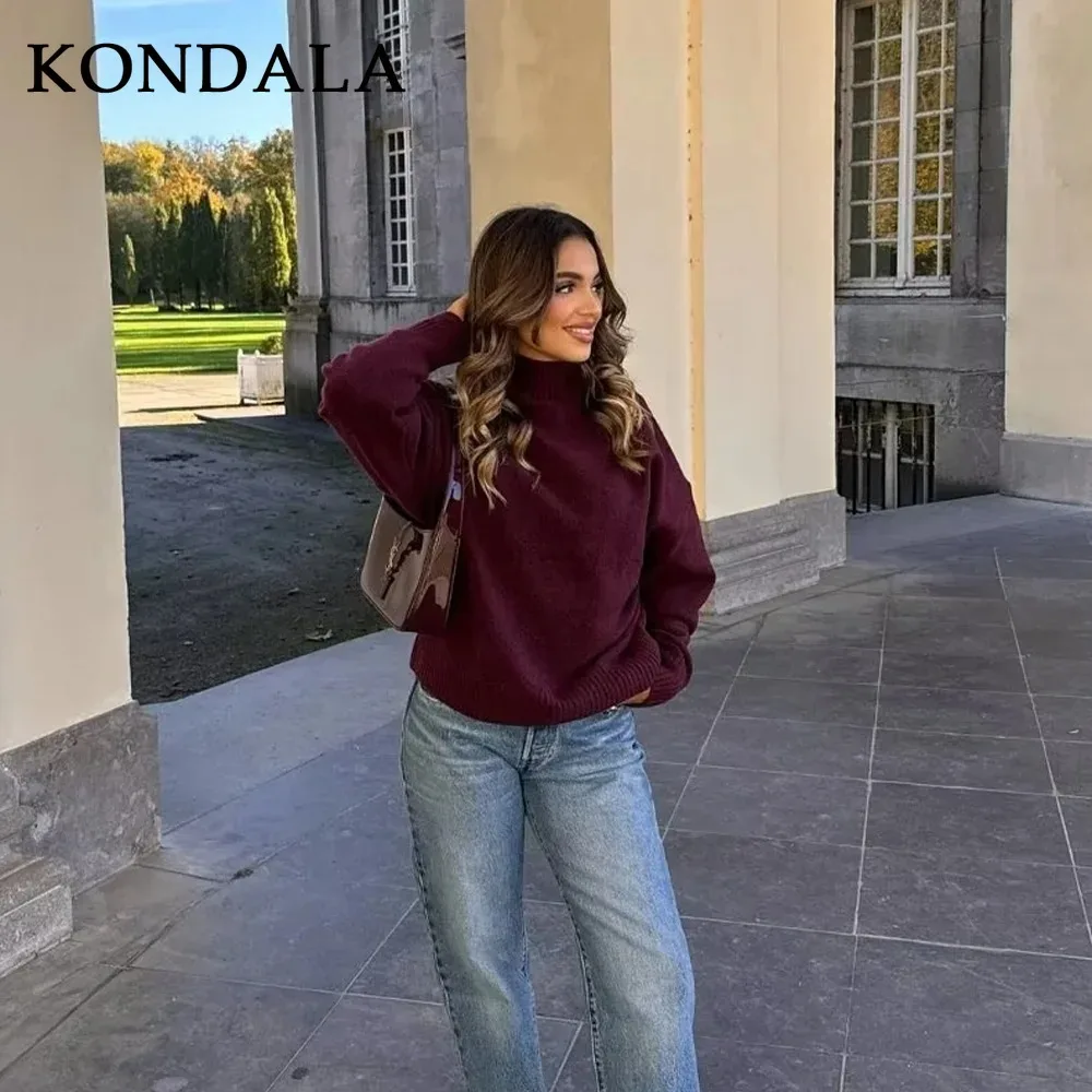 KONDALA 2025 Autumn Winter Women Basics Knitted Sweaters Fashion Casual Turtleneck Thick Warm Solid Pullover Ladies Sweaters