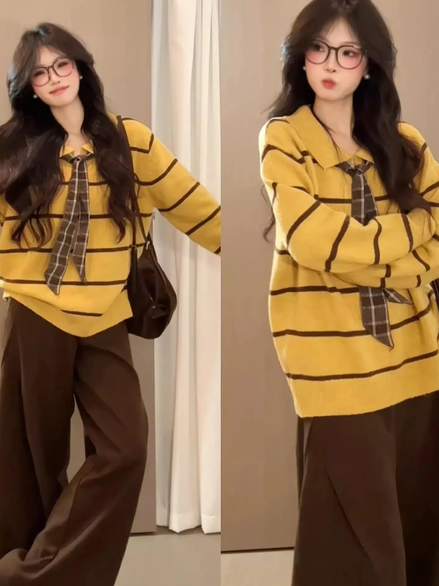 

Корейский вязаный свитер в полоску с длинным светом, свободный вязаный топ с универсальным воротником Lazy Faion на осень-зиму