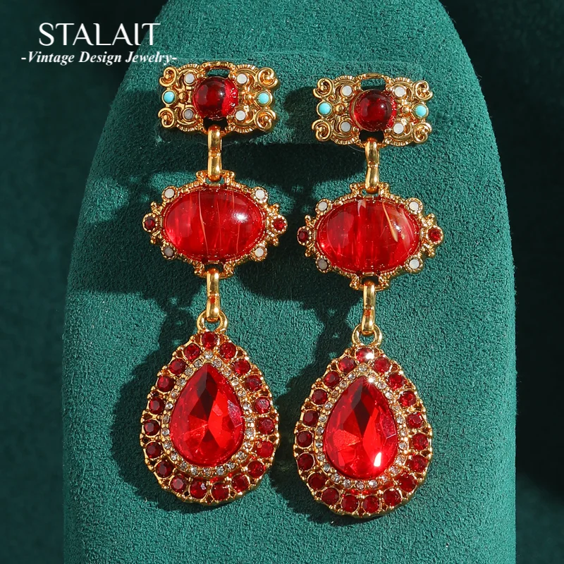 

Vintage Long Drop Dangle Red Earrings Luxury Glass Rhinestones Charm Statement For Woman Antique Gold Color Jewelry Accessories