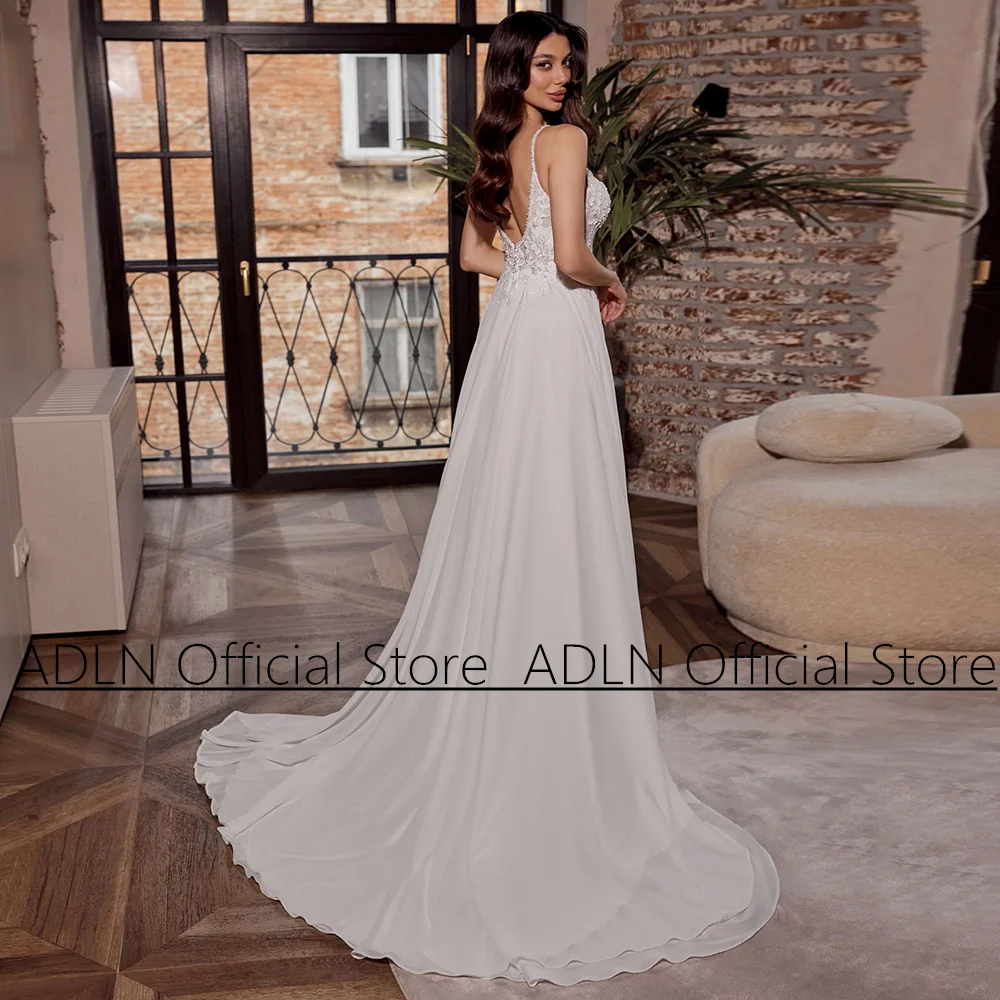 Sexy Boho Wedding Dress Bride Dresses for Woman Spaghetti Straps Deep V Neck Applique Chiffon A Line Bridal Gown Backless