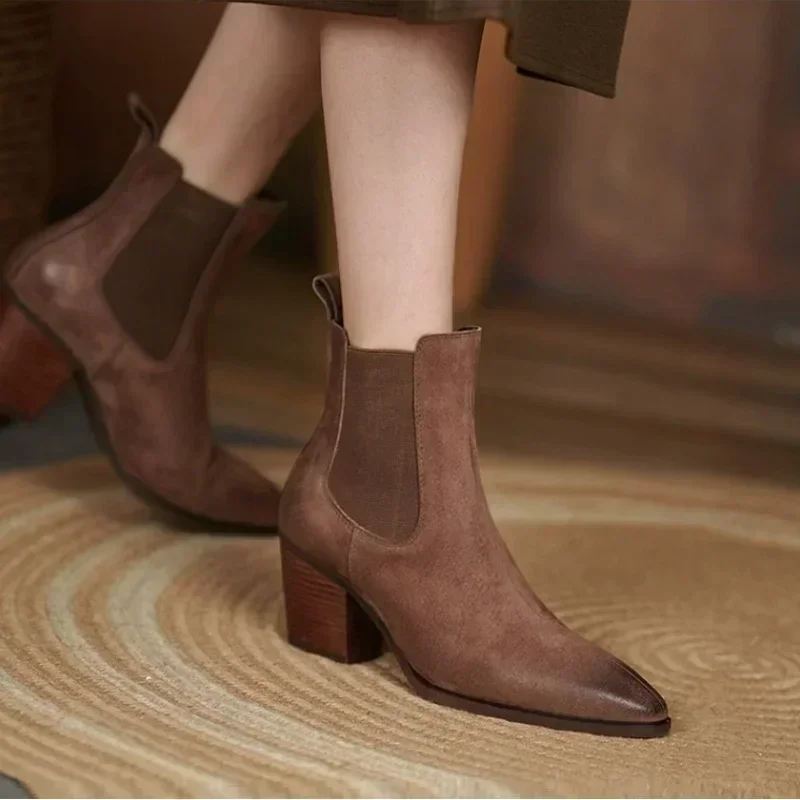 Autumn Boots Women Pointed Toe Chunky Heel Women Boots Genuine Leather Shoes For Women Winter Western Boots Казаки Женские Обувь