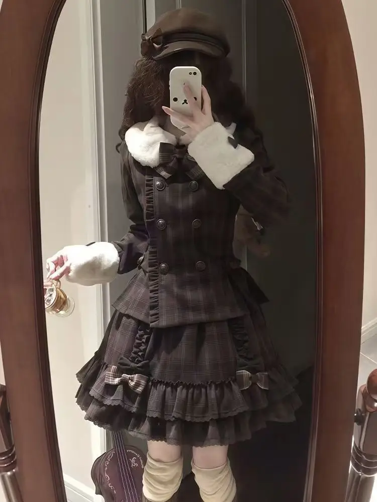 MAGOGO Chocolate sandwich two-piece winter outfit made of vintage checked fabric, Lolita check pattern set