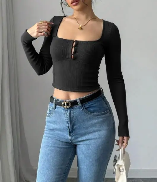 

Women's T-Shirt Summer New Y2K Trendy Spicy Girl Sexy Style Square Neck Solid Color Hollow Short Cutout Umbilical T-Shirt