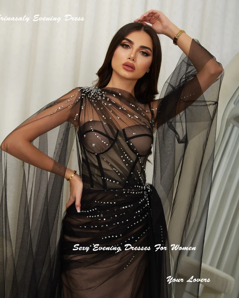 Robes de soirée formelles personnalisées en Tulle noir, robes de soirée de luxe avec cristaux pour femmes, longues robes de soirée de Cocktail