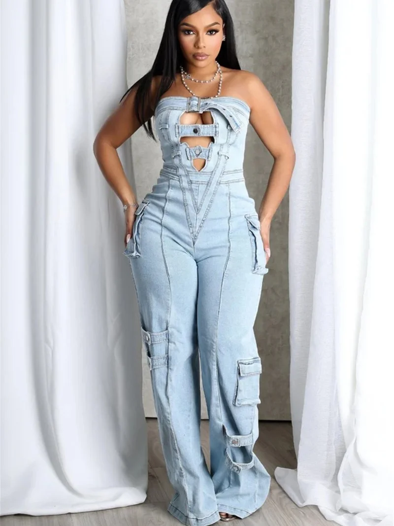 

Streetwear Cargo Jeans Jumpsuit Summer Clothes Women Strapless Straight Jeans Denim Rompers Playsuits One Pieces Overalls Outfit