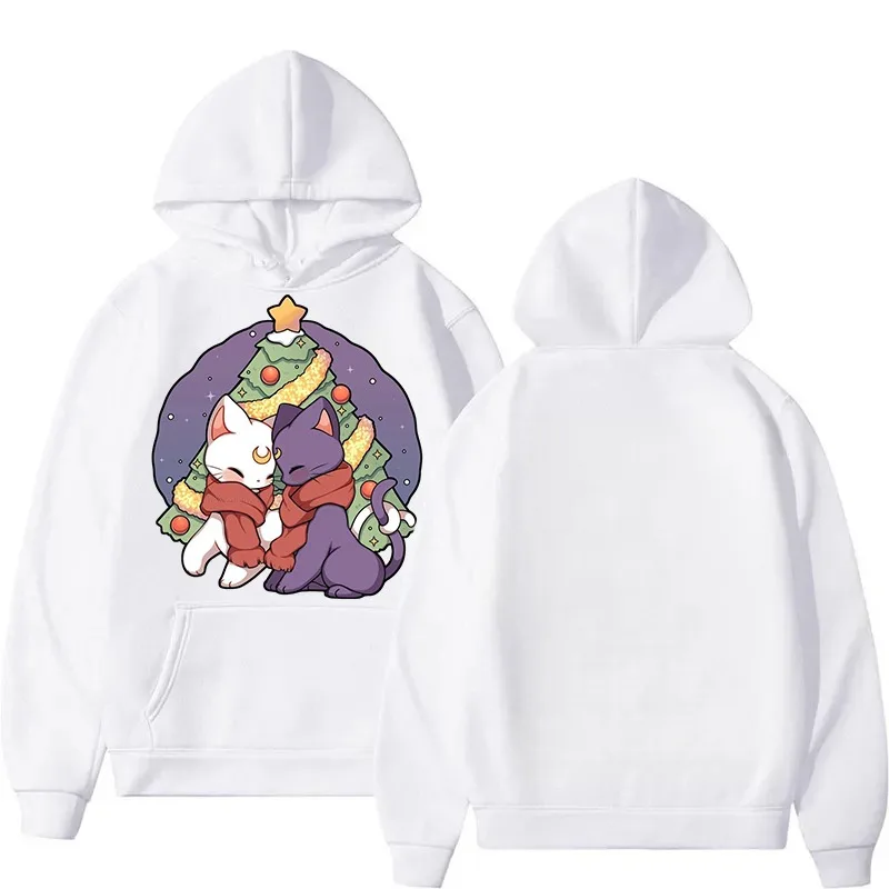2025 新しいセーラームーン ルナ＆アルテミスをテーマにしたカップル用パーカー、秋冬のかわいい漫画猫プリントスウェットシャツ、フード付きコート