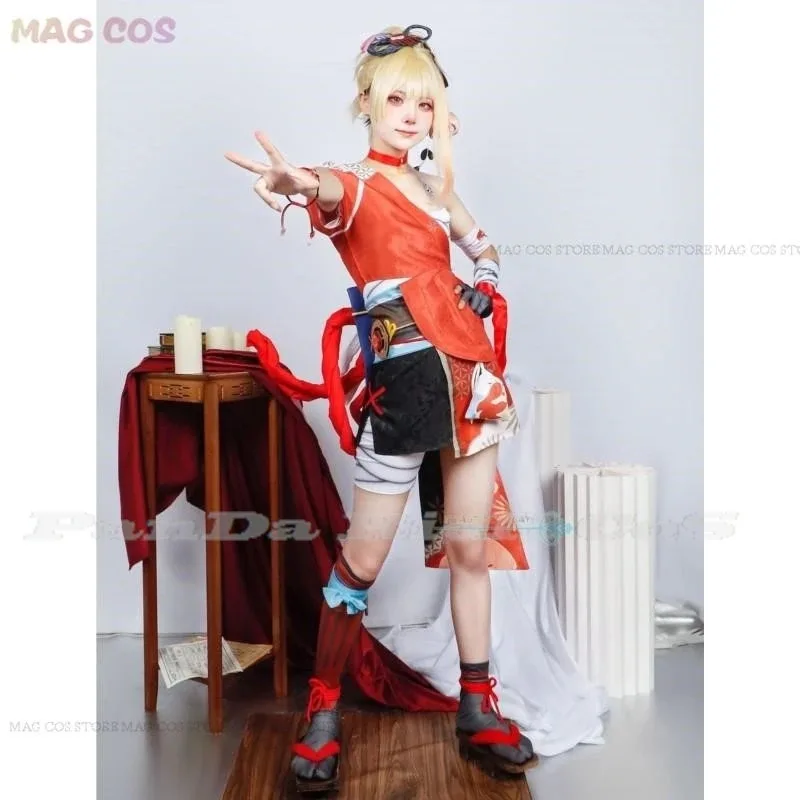 Kostum Cosplay Game Genshin Impact, Wig Yoimiya, Sepatu, Set Lengkap, Pakaian Role Play Wanita, Kostum Halloween