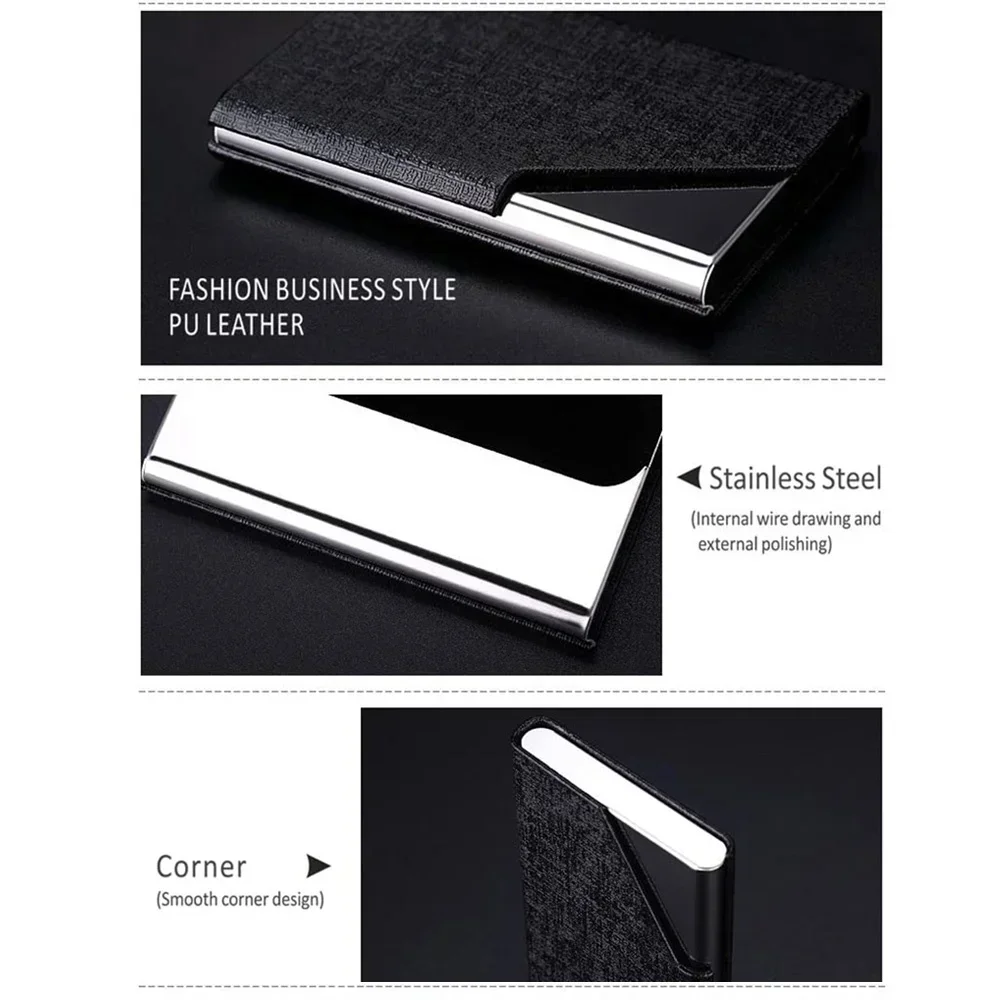 Magnetic PU Leather Business Card Holder, Stainless Steel Card Case for Men & Women, Office Gift, Holds 20 Cards