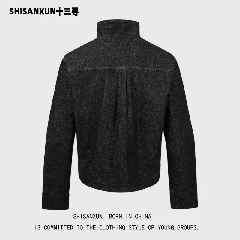 Retro Cleanfit Short Denim Jacket Stand Collar Unisex Autumn Spring Fashion Youthful Vintage Style Regular Sleeve Long Zipper