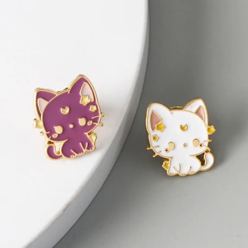 2 unids/set de broche de gato bonito de dibujos animados, estrella, Luna, aleación de gato, joyería de aceite de goteo, insignia de gato para mascota, joyería