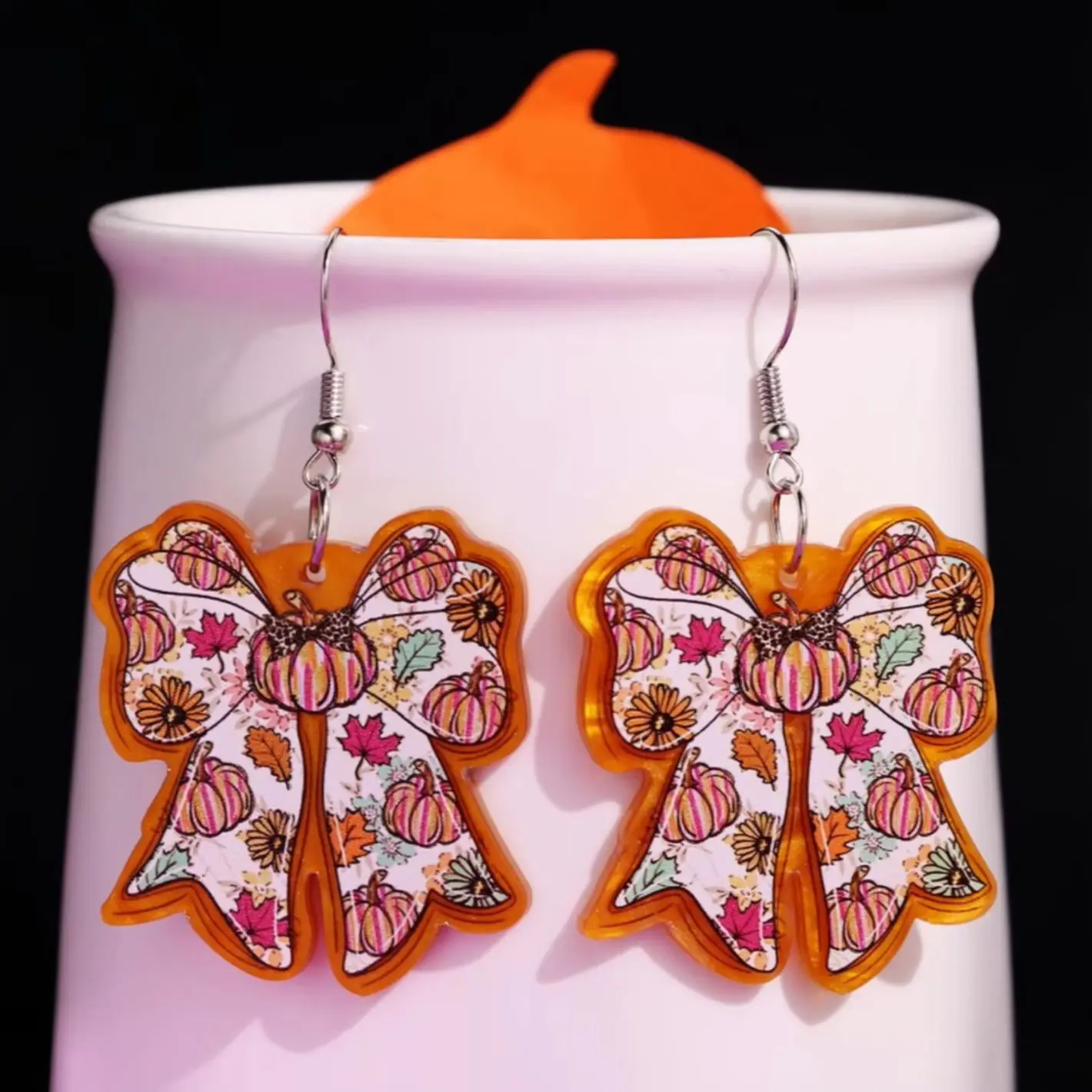 Sweet Halloween Pumpkin Bow Geometric Earrings Lightweight Acrylic Women's Jewelry for Holiday Parties Celebrations Gifts