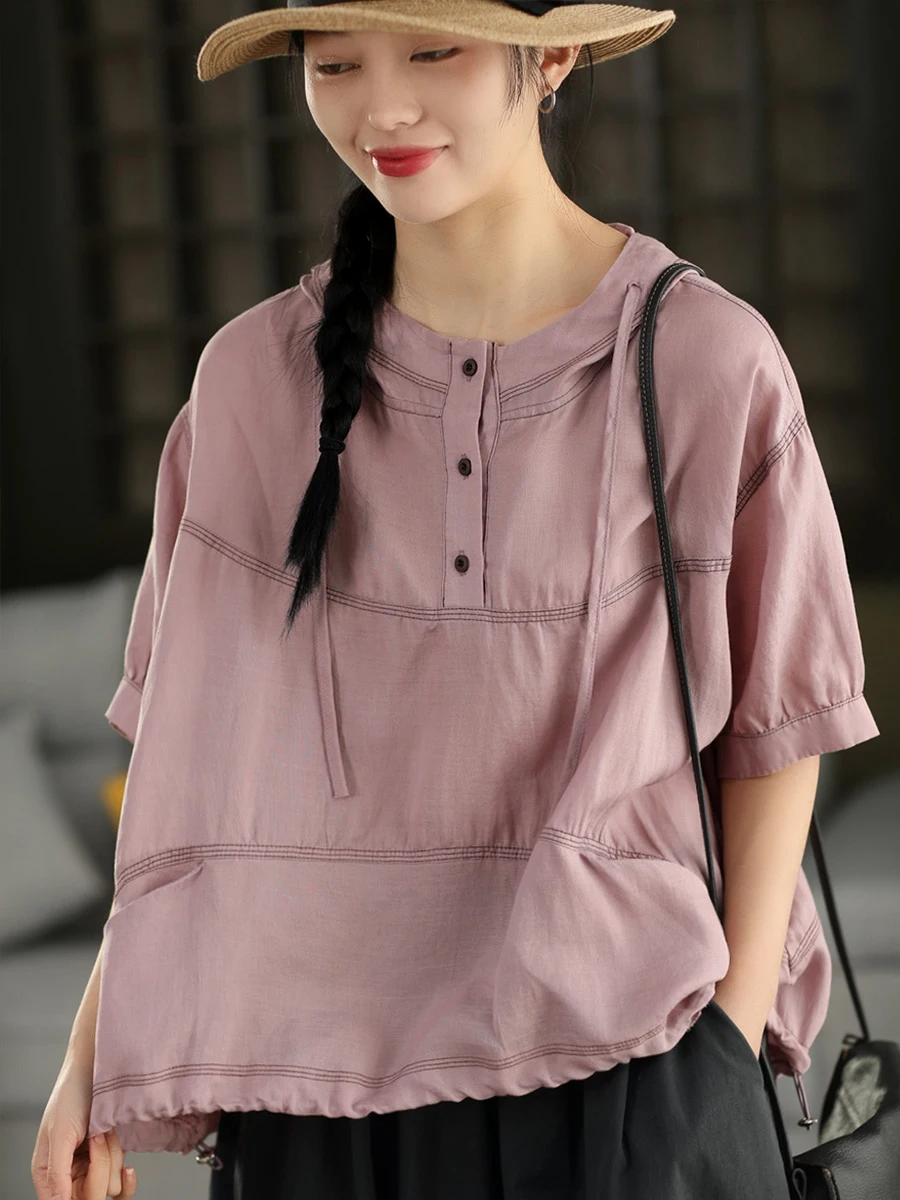 

Women's Short Sleeve Hooded Shirt 100% Flax Casual Comfortable Breathable round Neck Pullover Summer Top Fashionable Linen Blend