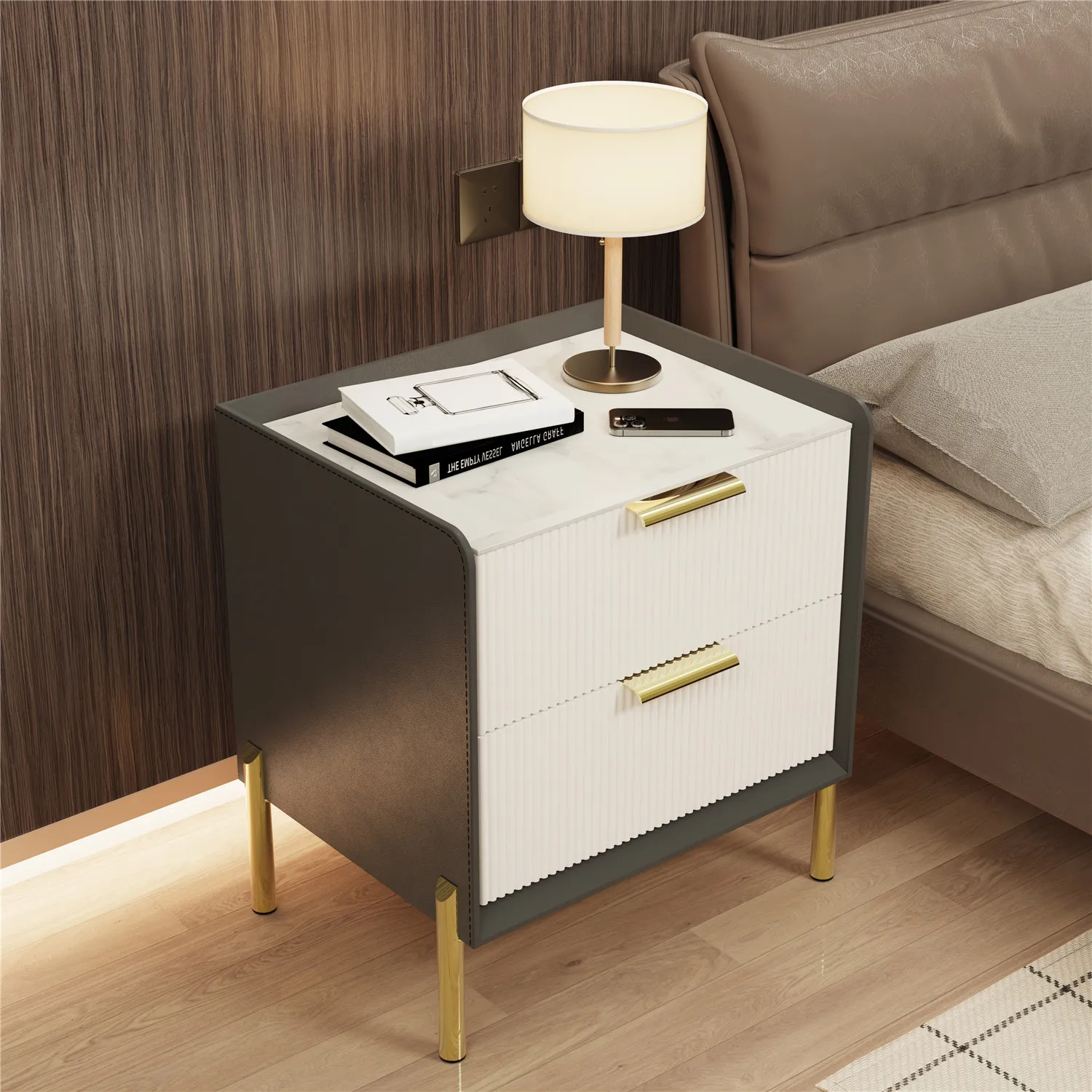 Modern End Table with Drawer, 2 Tier Side Table with Shelf, Round Nightstand with Sintered Stone Tabletop and Chrome Legs