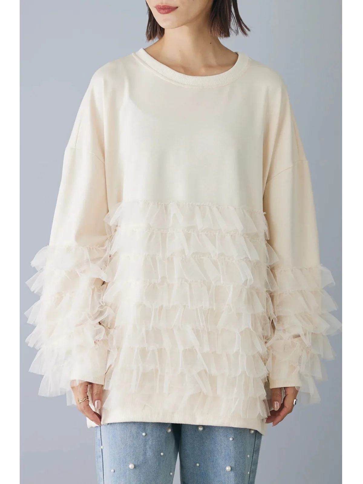 한국 일본 스타일 롱 슬리브 스웨트셔츠 튤 스플라이싱 레이스 트림 데님 투피스 세트 스윗 슬루즈핏 폴리에스터