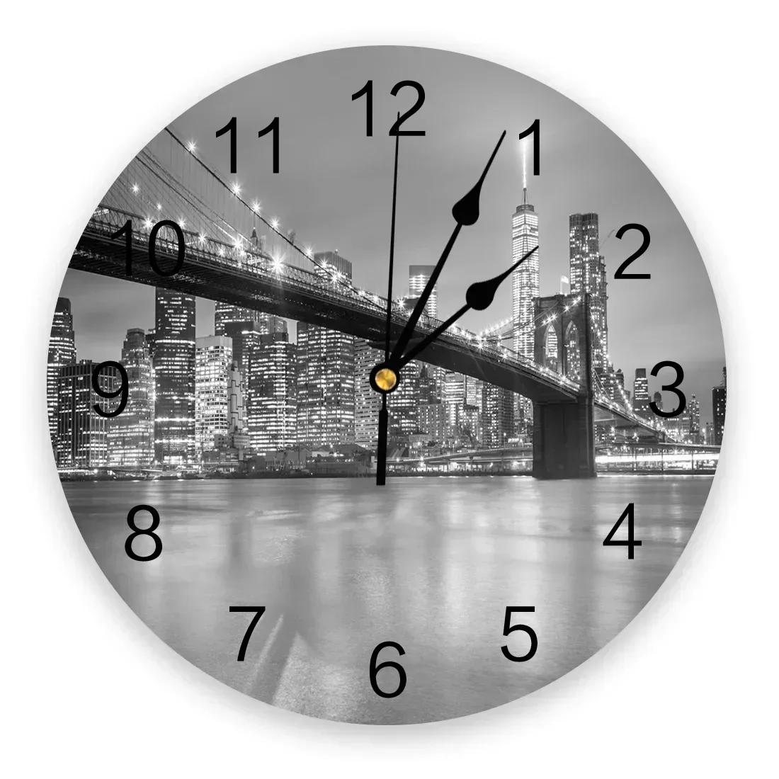 

New York City Night Round Wall Clock for Home Decor Living Room No Ticking Sound Modern Creative Wall Clocks