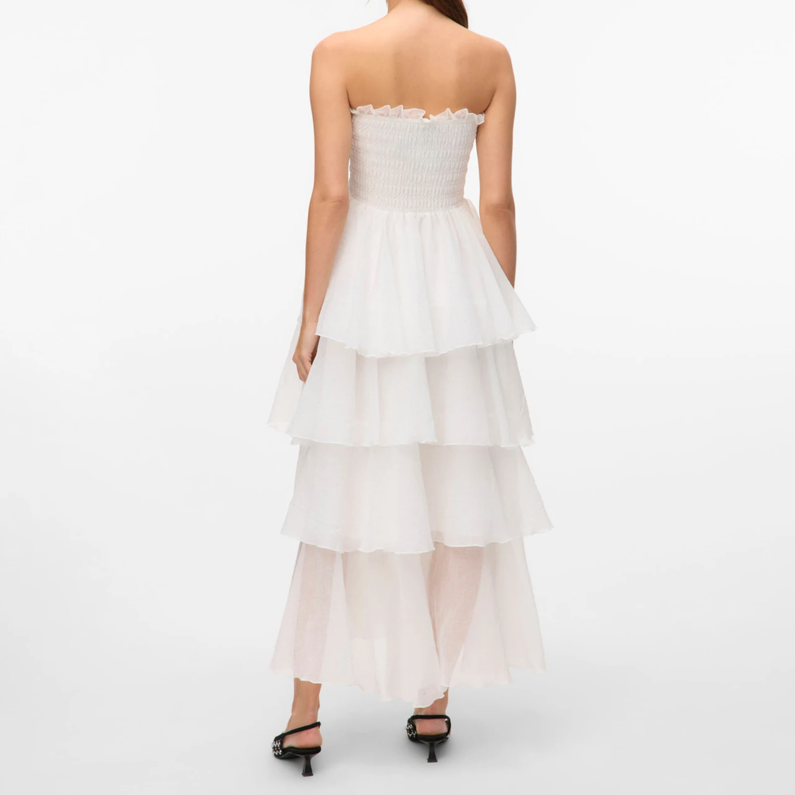 Combhasaki Abito lungo da donna elegante con volant increspato senza spalline a strati senza schienale a strati tinta unita estivo trasparente a trapezio