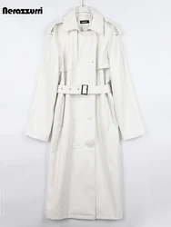 Nerazzurri Spring Autumn Long Oversized White Faux Leather Trench Coat for Women Raglan Sleeve Belt Loose Black Raincoat 2022