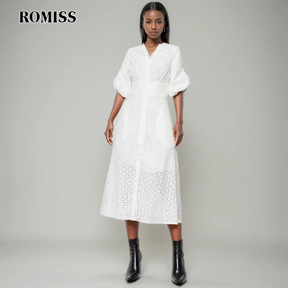 ROMISS Solid Dresses For Women V Neck Short Puff Sleeve High Waist Al Ine Cut Out Embroidery Dress Female 2024 Fashion New