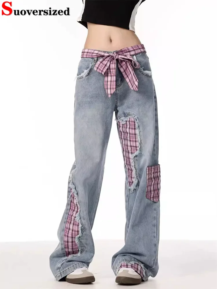 

High Waisted Patchwork Plaid Jeans Korean Fashion Streetwear Baggy Denim Pantalones Women's Casual Straight Wide Leg Vaqueros