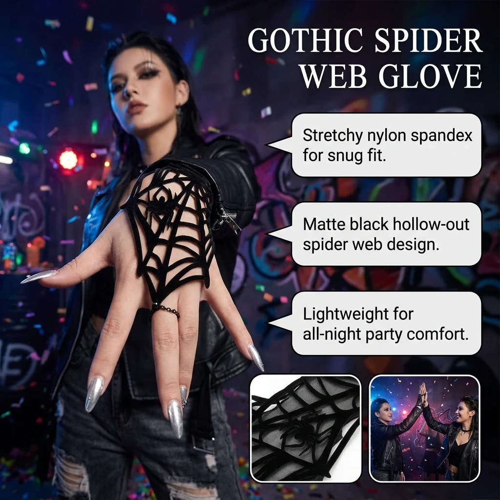Halloween Party Glove Spider-Web Pattern Gothic Costume Accessory Horror Nightclub Wear Matte Black Punk Handwear Durable