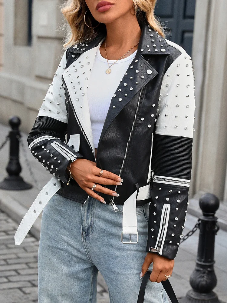 New Spring Autumn Women Street Rivet Black White Faux Leather Jacket Moto Biker Punk Belt Coat Outwear 2025