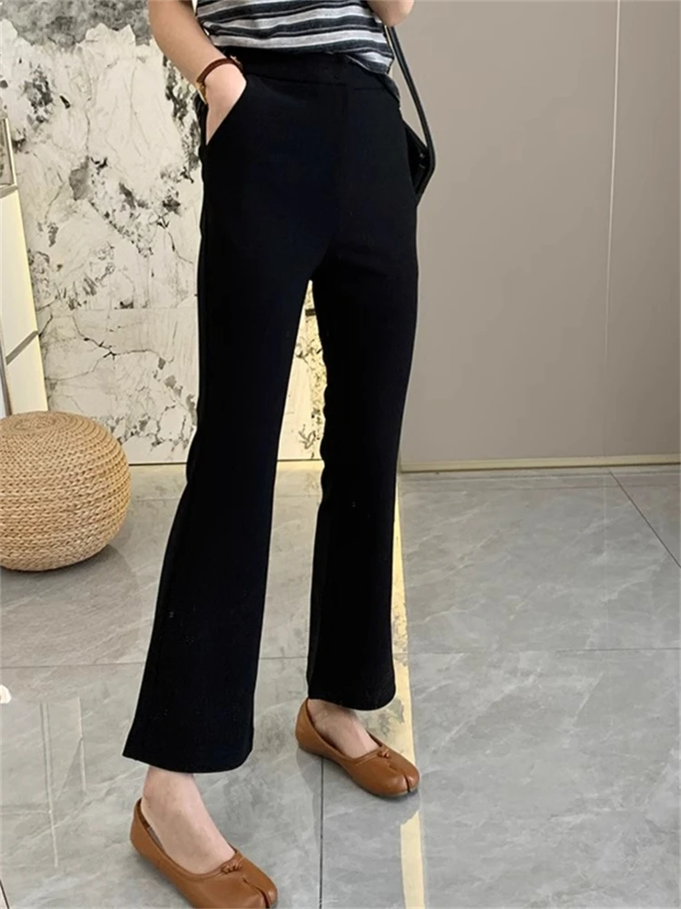 Casual High Waist Slimming Micro Flared Pants Women's Spring Autumn Smooth Elastic Drapey Nine Pointed Skinnies Commute Style