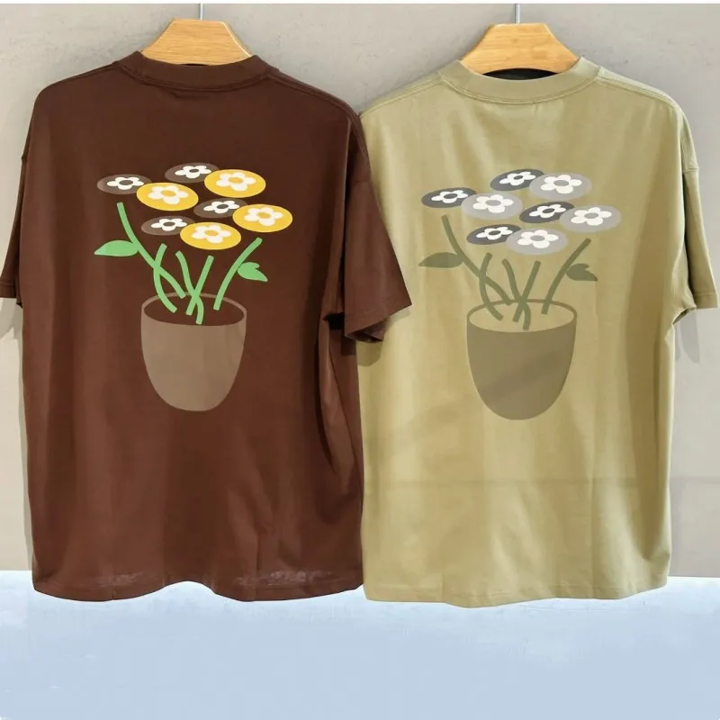 Brown Grass Green VANDYTHEPINK Tshirts Potted Fresh Flowers Print Short Sleeve Breathable Cotton Tops Men Women Street Outfit