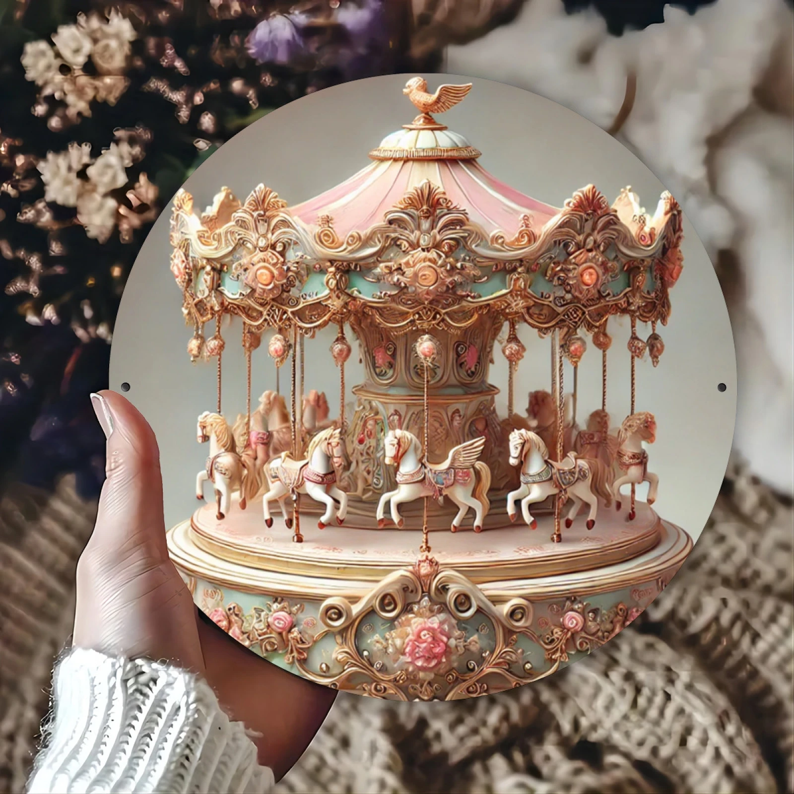 Acrylic Dreamy Carousel Scene 2D Wooden Merry Christmas Wooden Hanging Sign Wall or Door Decor Wall Art