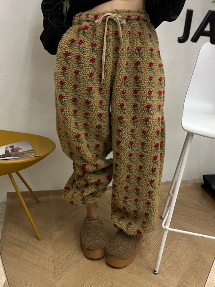 Korean Style Floral Embroidery Lamb Fur Casual Pants Women's Winter New Warm Drawstring Loose Match All Long Trousers Trendy