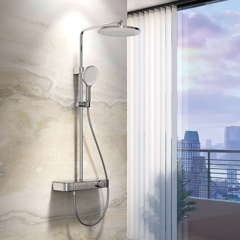 

Shower Set Push Button Control Thermostatic Rainfall 3 Funtion Shower Faucet Wall-mounted Shower Mixer System With Shelf