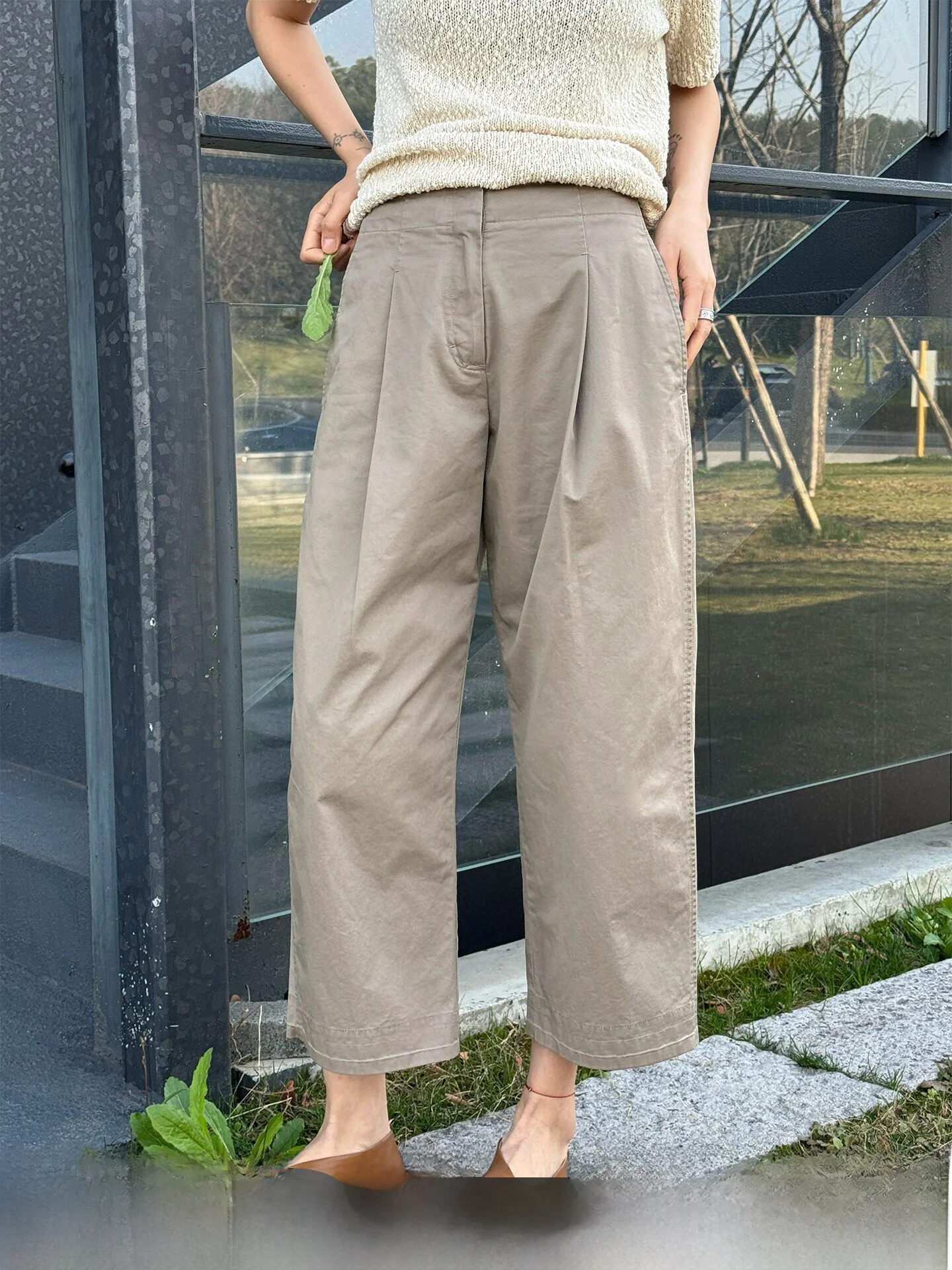 

Khaki Casual Straight Leg Pants Women's Comfortable Loose Fit Cotton Pleated Slimming Summer New Arrival by Zhou Xiaoya