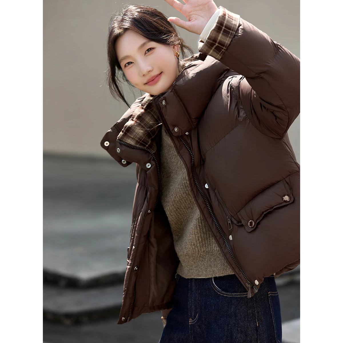 VIMLY المرأة سترة شتوية عادية براون تقسم منقوشة قصيرة مقنعين معاطف مكتب سيدة زمم جيب الإناث أبلى 50859