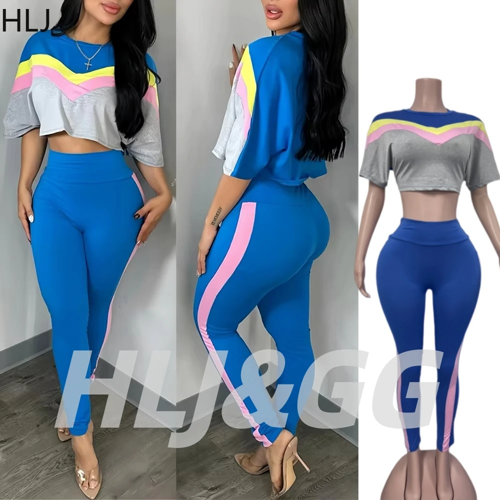 HLJ Casual Color Block Patchwork 2 Pieces Set for Woman Crew Neck Short Sleeve Crop Top and Skinny Leggings Sport Jogger Suit