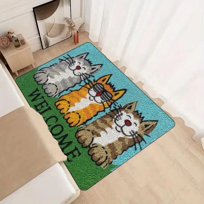 1pc Cute Cartoon Cat Welcome Mat – Three Lying Cats on Green Grass, Soft Flannel Floor Rug for Home Entryway