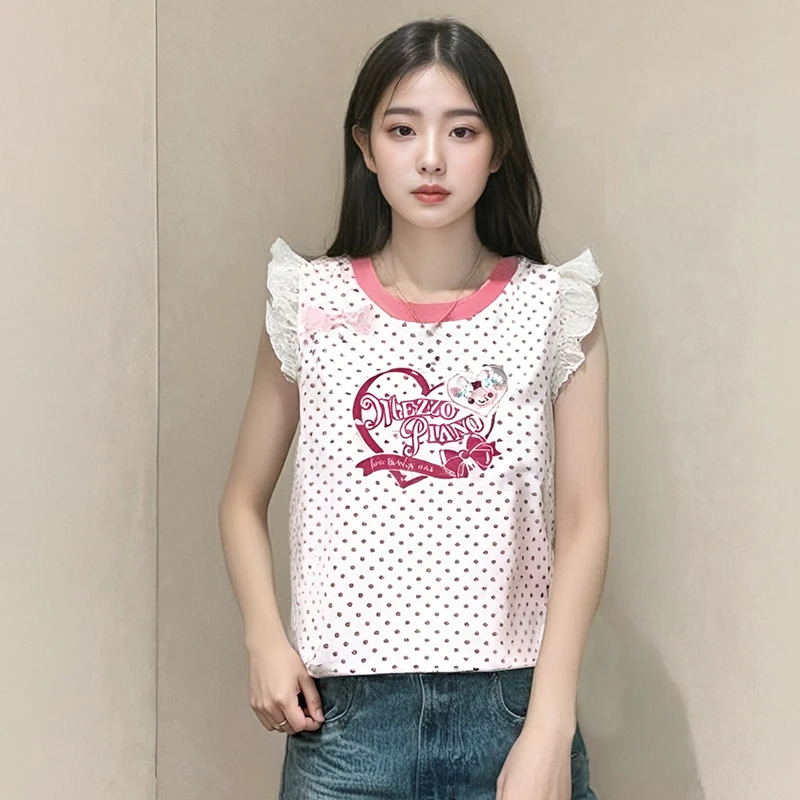 Y2k arcane women clothing Cute Sweet Love Printed Short Shirts for Women Sweet Polka Dot Vest Bow Girl Vintage Tee Top straykids