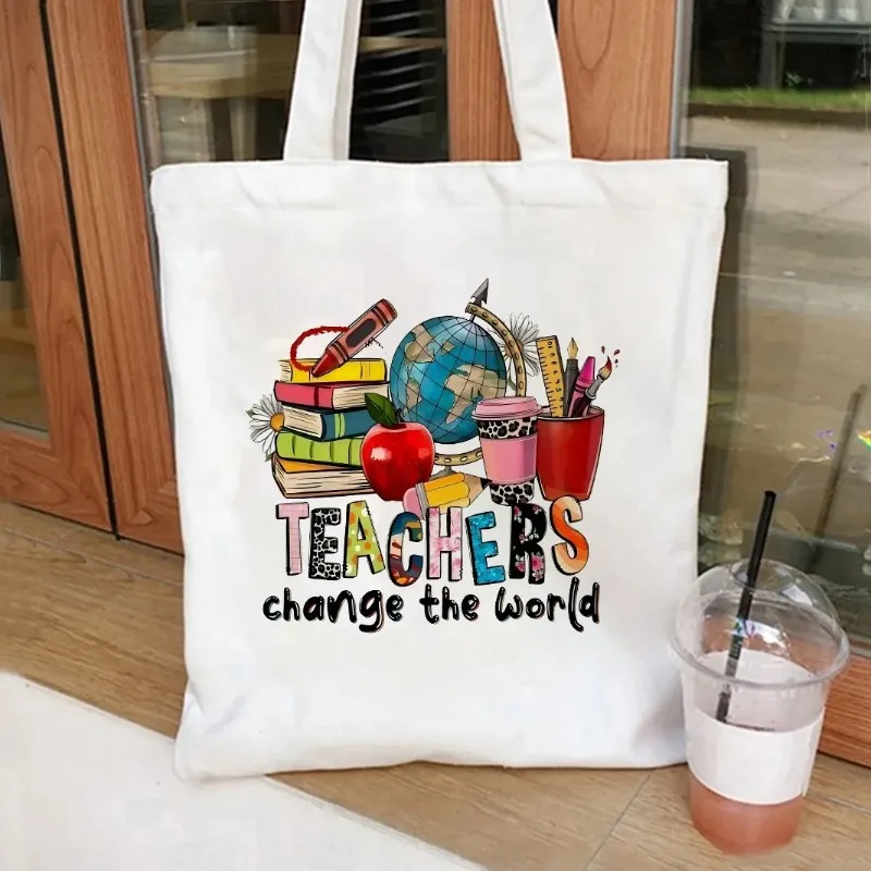 

Retro Canvas Tote Bag Inspirational "Teachers Change The World" Large Capacity Handbag for Shopping Travel Women's Shoulder Bag