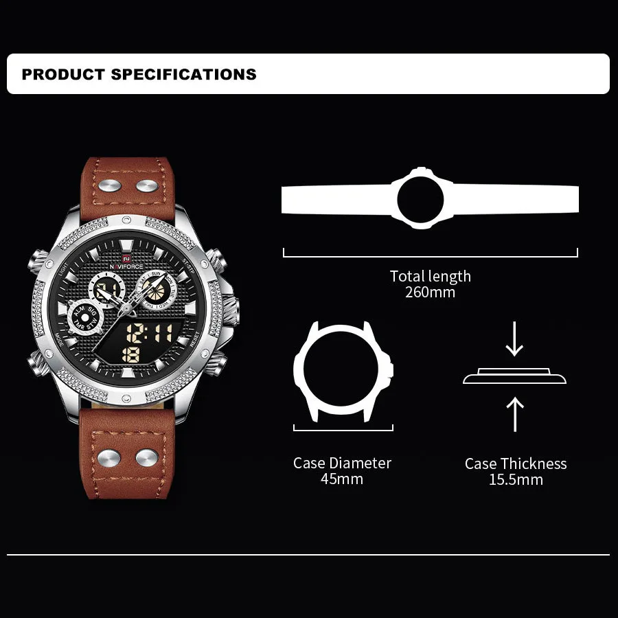 NAVIFORCE Men Sport Wristwatch Leather Strap Waterproof Quartz Watch Dual Display Digital Luminous Male Clock Relogio Masculino