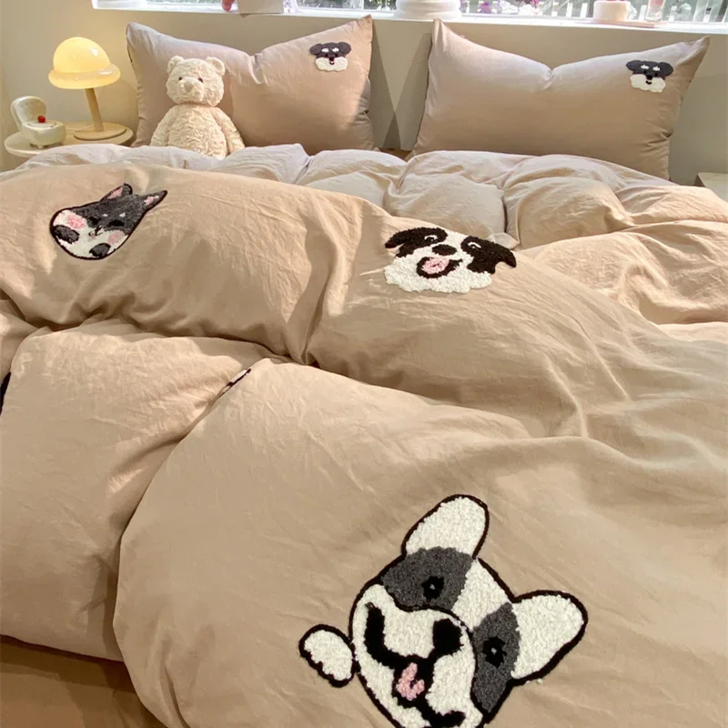 Cartoon Cute Dog Bedding Set Towel Embroidery Duvet Cover Queen Twin Size Khaki Comforter Covers with 2 Pillow Cases for Kids