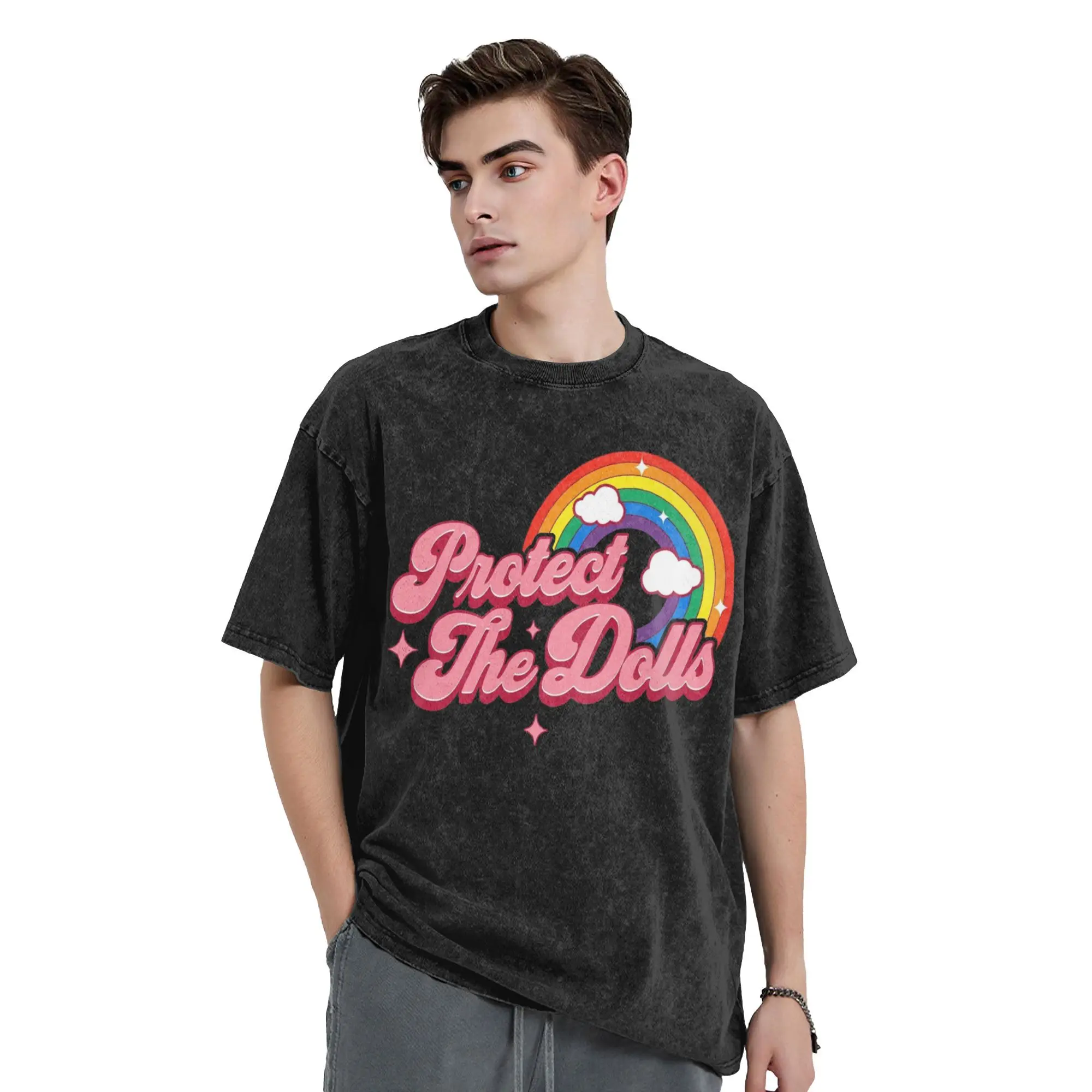 

Washed T Shirt Protect The Dolls Hip Hop Vintage T-Shirts Oversize LGBTQ Supporters Short Sleeve Summer Tops Tees Men Women