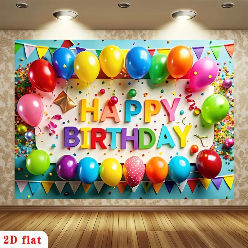 2D-Flugzeugdesign, 1 Stück. Alles Gute zum Geburtstag. Farbige Luftballons. Briefe. Band. Blauer Hintergrund. Polyester-Stoffhintergrund.