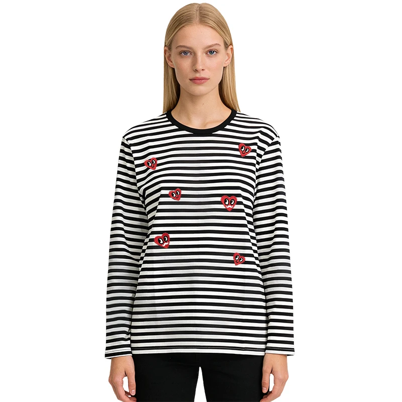 Frauen O Hals Langarm T Shirt Baumwolle Gestreiften 3D Rot Bunte Herz Stickerei Gerade Fit Casual Top für Frühling Herbst