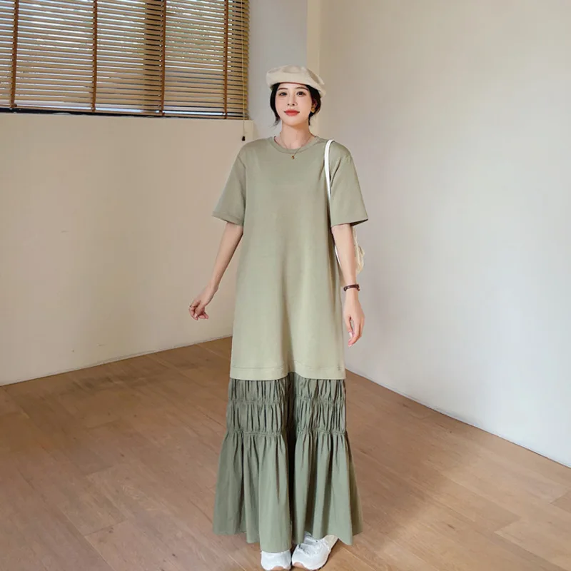 #6141 Long T Shirt Dress Women Split Joint Pleated A Line Dress Short Sleeve Cotton False Two Piece Ladies Dresses Summer