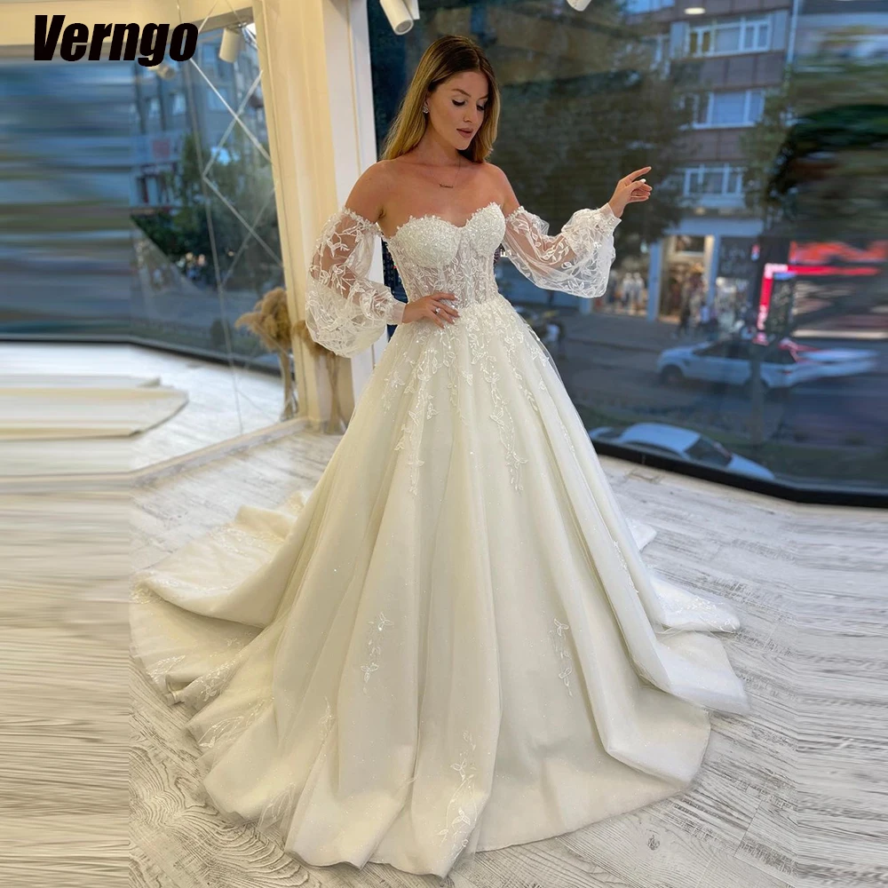 

Verngo A-Line Off Shoulder Wedding Dresses Sweetheart Long Sleeves Tulle Bridal Gown Appliques Bridal Dress Vestidos De Novia