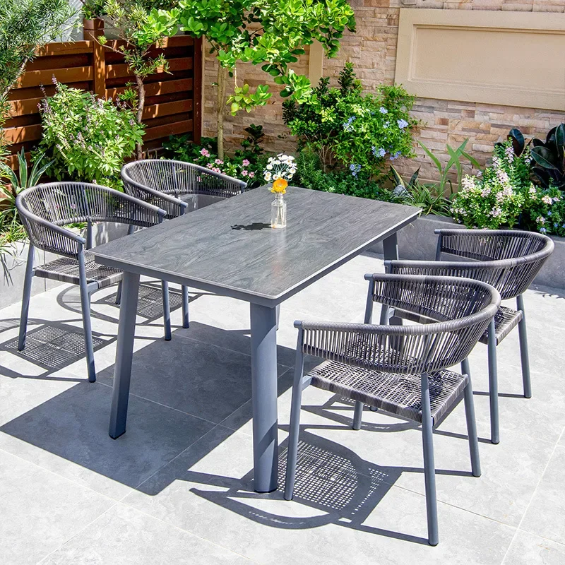 for Modern Garden Outdoor Rattan Chair and Slate Dining Table Set Villa Terrace Leisure Furniture Combination